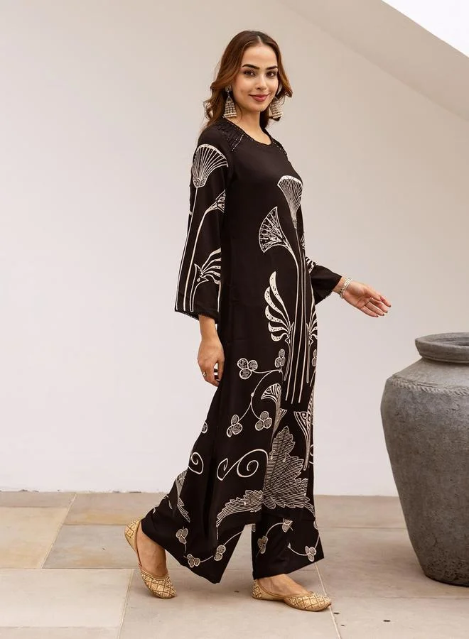 ISHIN Women's Black Rayon Printed Tunic Upper Calf Length Palazzo Bottom Straight Fit 2 Peice Kurta Set