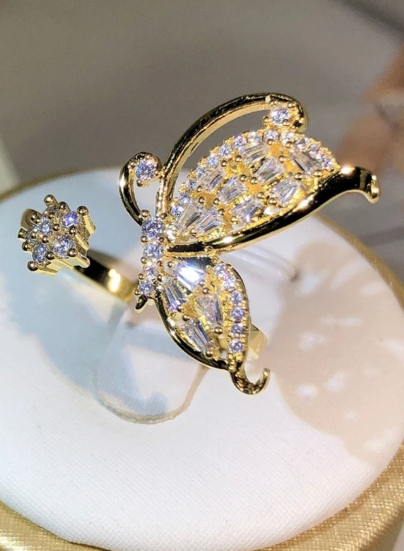 STRATEG Butterflies Stainless Steel Cubic Zirconia Ring With Gold Coloring Free Size - Image 2