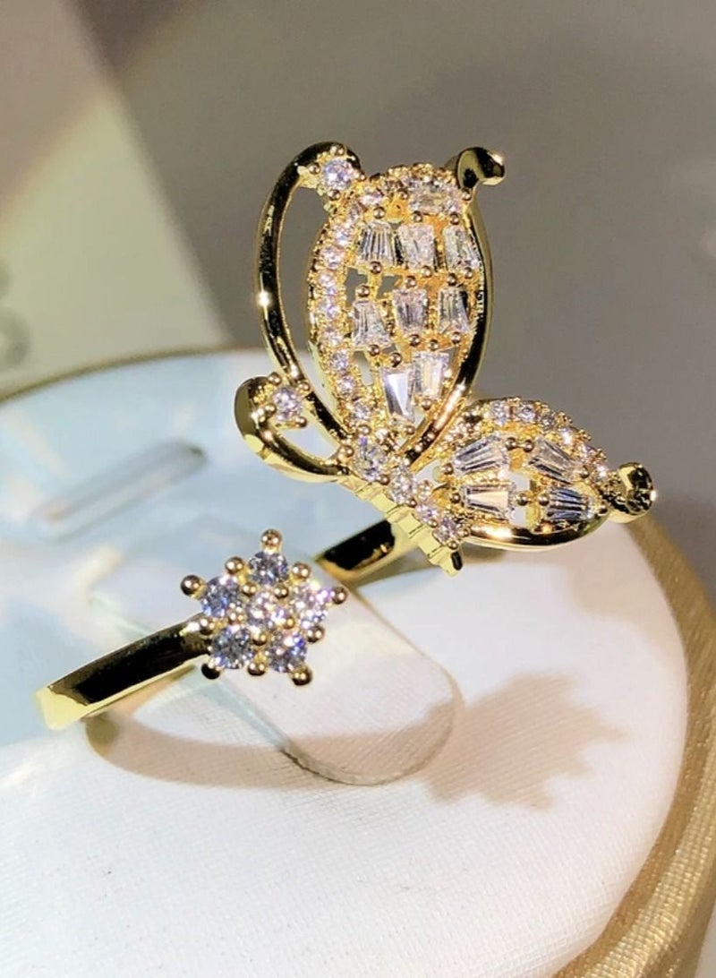 STRATEG Butterflies Stainless Steel Cubic Zirconia Ring With Gold Coloring Free Size - Image 3