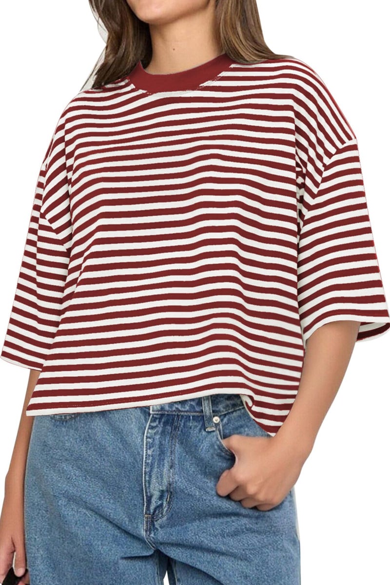 CHYRII Womens Oversized Striped T Shirts Crewneck Short Sleeve Fashion 2026 Casual Loose Fit Summer Y2K Tops (Red S) - Image 1