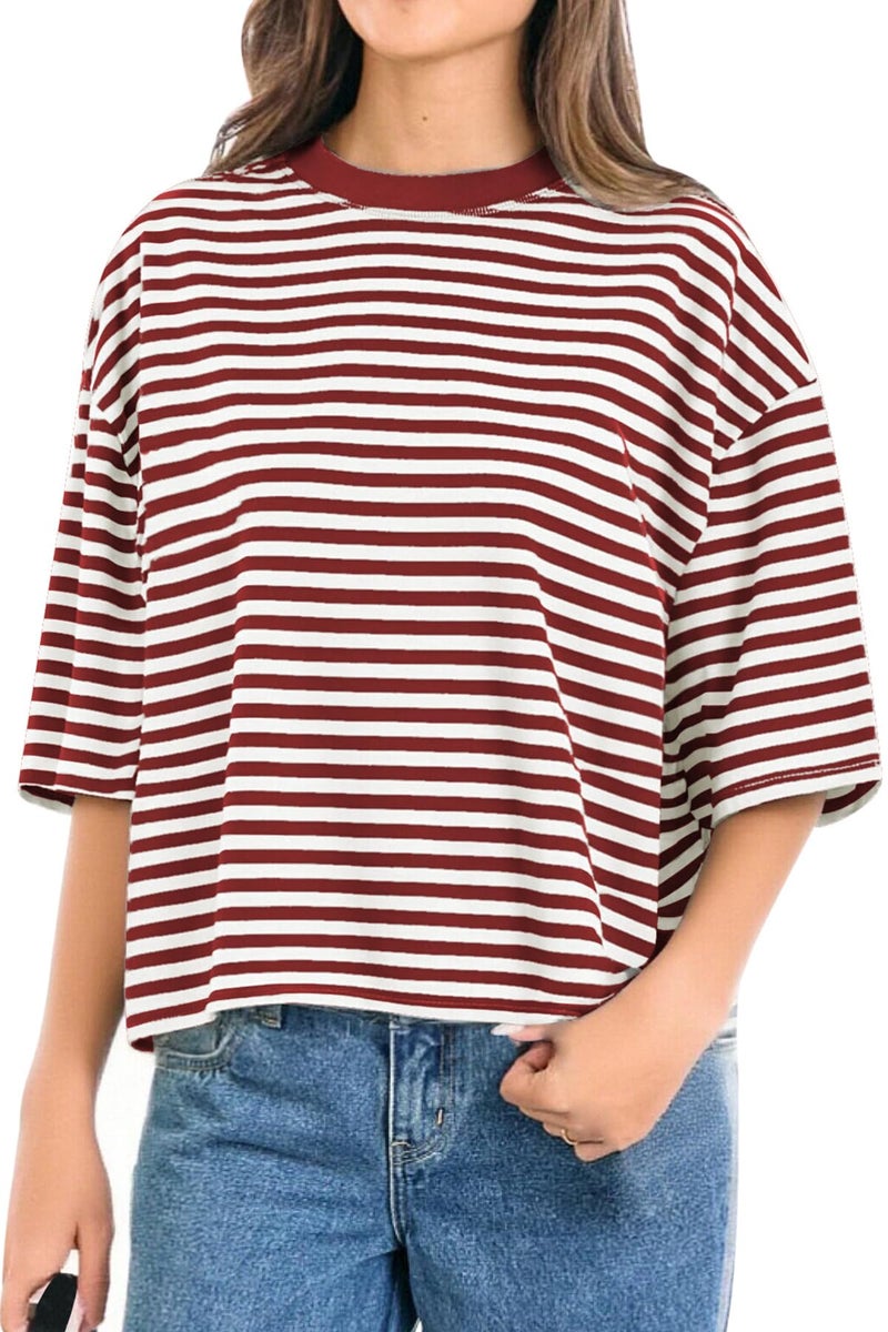 CHYRII Womens Oversized Striped T Shirts Crewneck Short Sleeve Fashion 2026 Casual Loose Fit Summer Y2K Tops (Red S) - Image 2