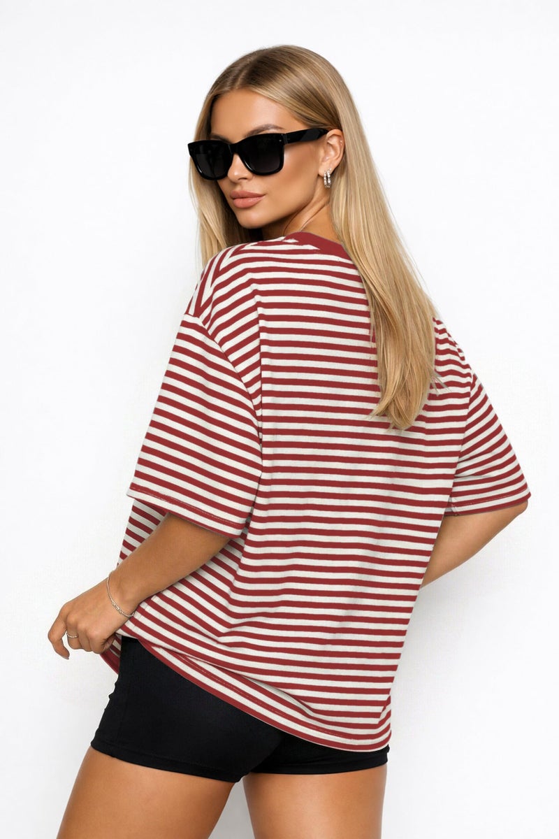 CHYRII Womens Oversized Striped T Shirts Crewneck Short Sleeve Fashion 2026 Casual Loose Fit Summer Y2K Tops (Red S) - Image 4