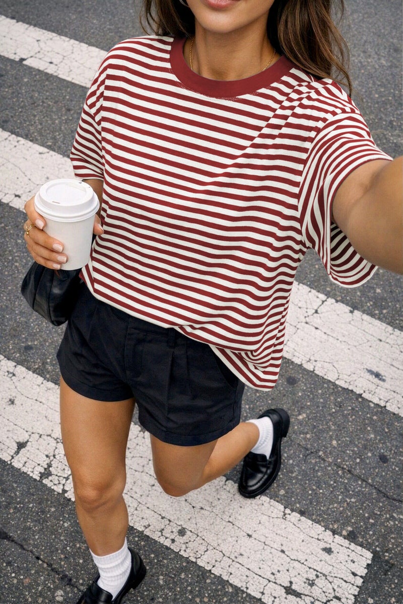 CHYRII Womens Oversized Striped T Shirts Crewneck Short Sleeve Fashion 2026 Casual Loose Fit Summer Y2K Tops (Red S) - Image 3