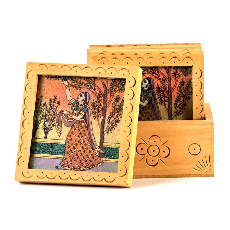 Little India Unique Gemstone Painted Square Tea Coaster Set 212 White - Image 1