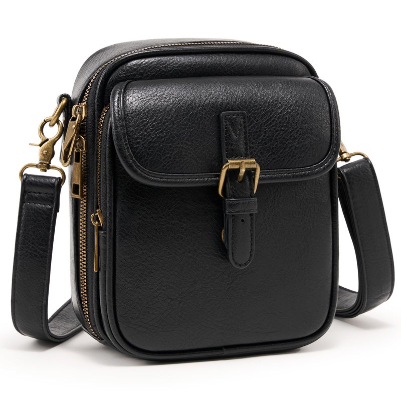 Yarnic Small Messenger Bag Vegan Leather Crossbody Bag for Women Men, Vintage Cross Body Shoulder Purse with Card Slots (Black) - Image 1