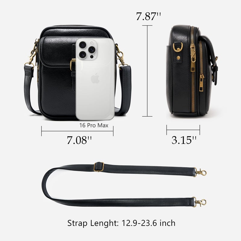 Yarnic Small Messenger Bag Vegan Leather Crossbody Bag for Women Men, Vintage Cross Body Shoulder Purse with Card Slots (Black) - Image 3