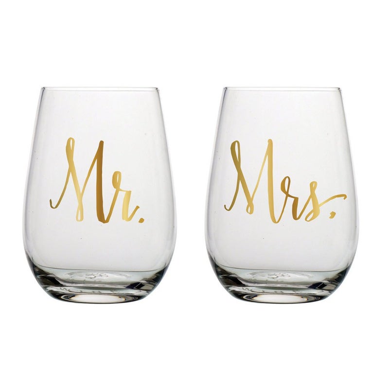 Slant Mr  Mrs Stemless Wine Glasses Set of 2