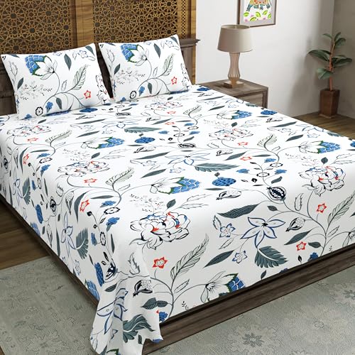 BLOCKS OF INDIA Hand Block Printed 200 TC Cotton King Size Bedsheet (Grey Orange Flower) - Image 1