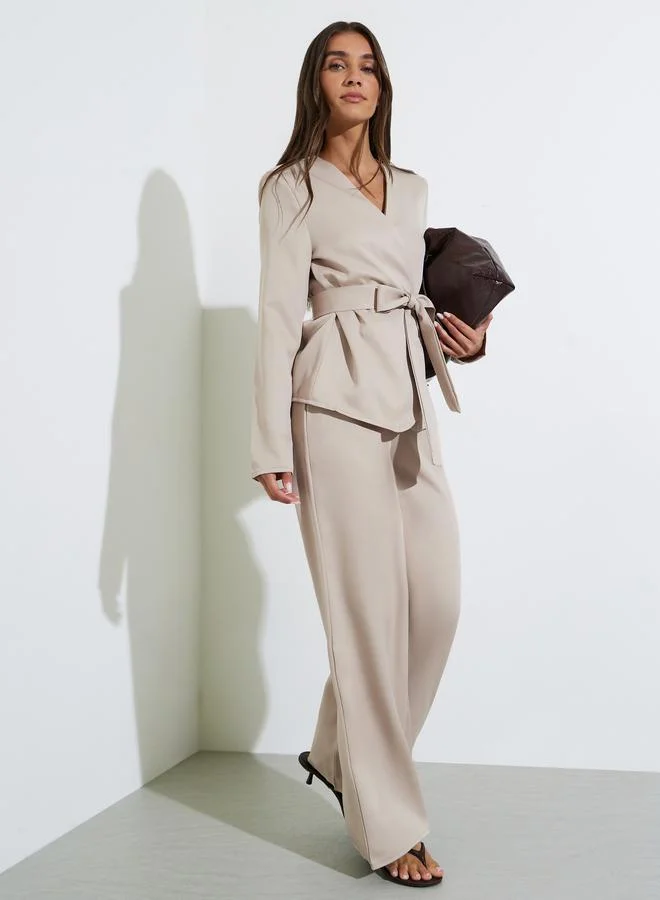 ستايلي Khaki Wrap Blazer and Wide Leg Trousers Co-Ord Set