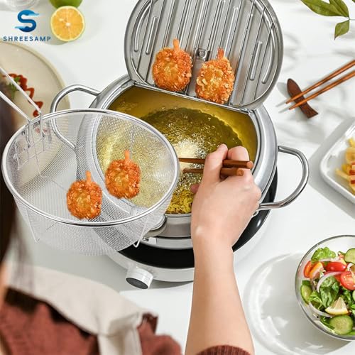 SHREESAMP Fry Basket Round Wire Deep Handles Pasta Spaghetti Mesh French Chip Fries Chicken Basket with Folding Handle for Kitchen Stainless Steel Serving Food Skimmer Strainer - Image 5