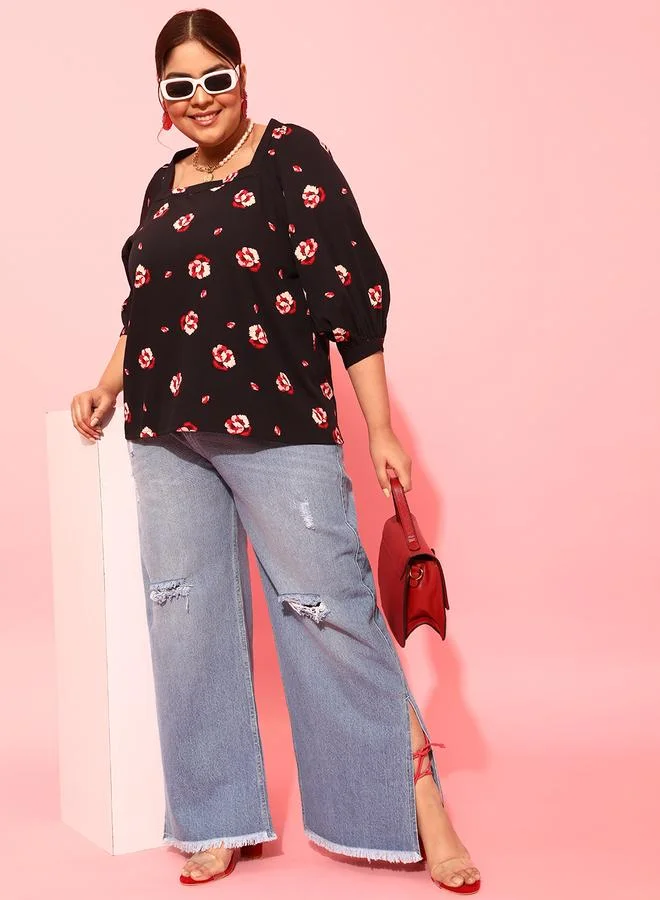 STREET 9 Plus Black Floral Top with Square Neck