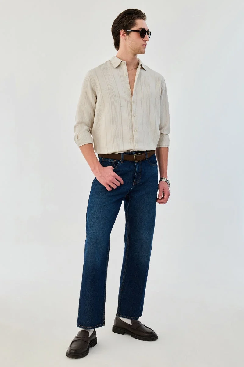 سنيتش Cream Textured Long Sleeve Regular Fit Shirt