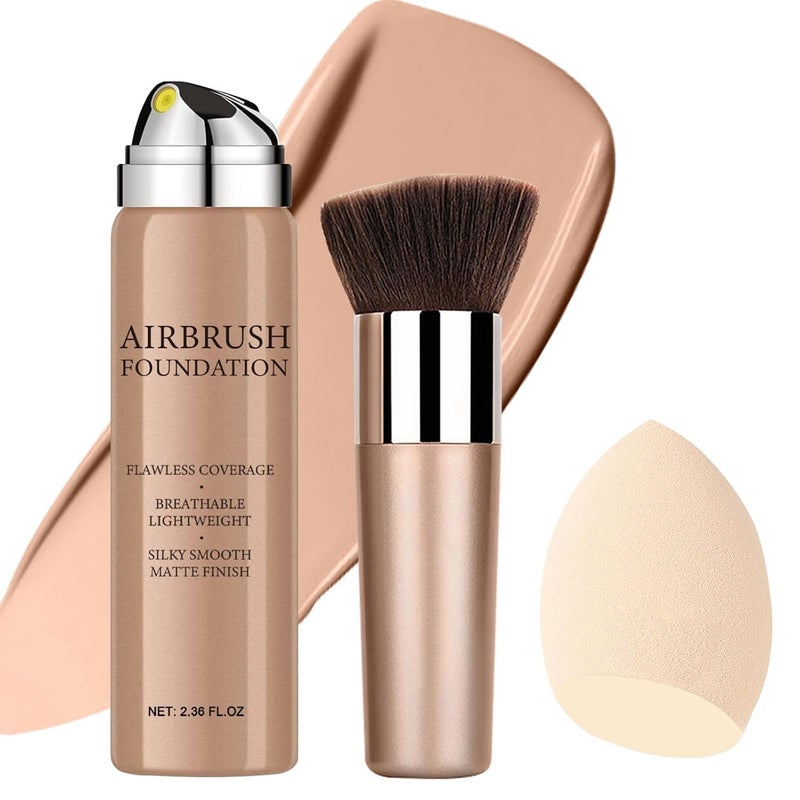 Topcent Airbrush Foundation Makeup Spray, Long Lasting Waterproof Full Coverage Foundation for Brighten, Concealer and Hydrating, Natural Matte Finish, Brush and Makeup Sponge Include, 2.36oz (#1 Natural)