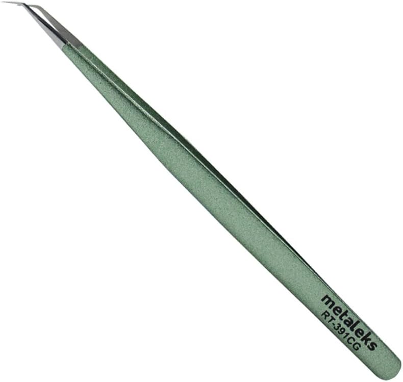 metaleks Tweezers for Eyelash Extension  Long 45 Angular Tip Tweezers  Hand Crafted Surgical Stainless Steel Precision Tweezers Metallic light Green Powder Coated