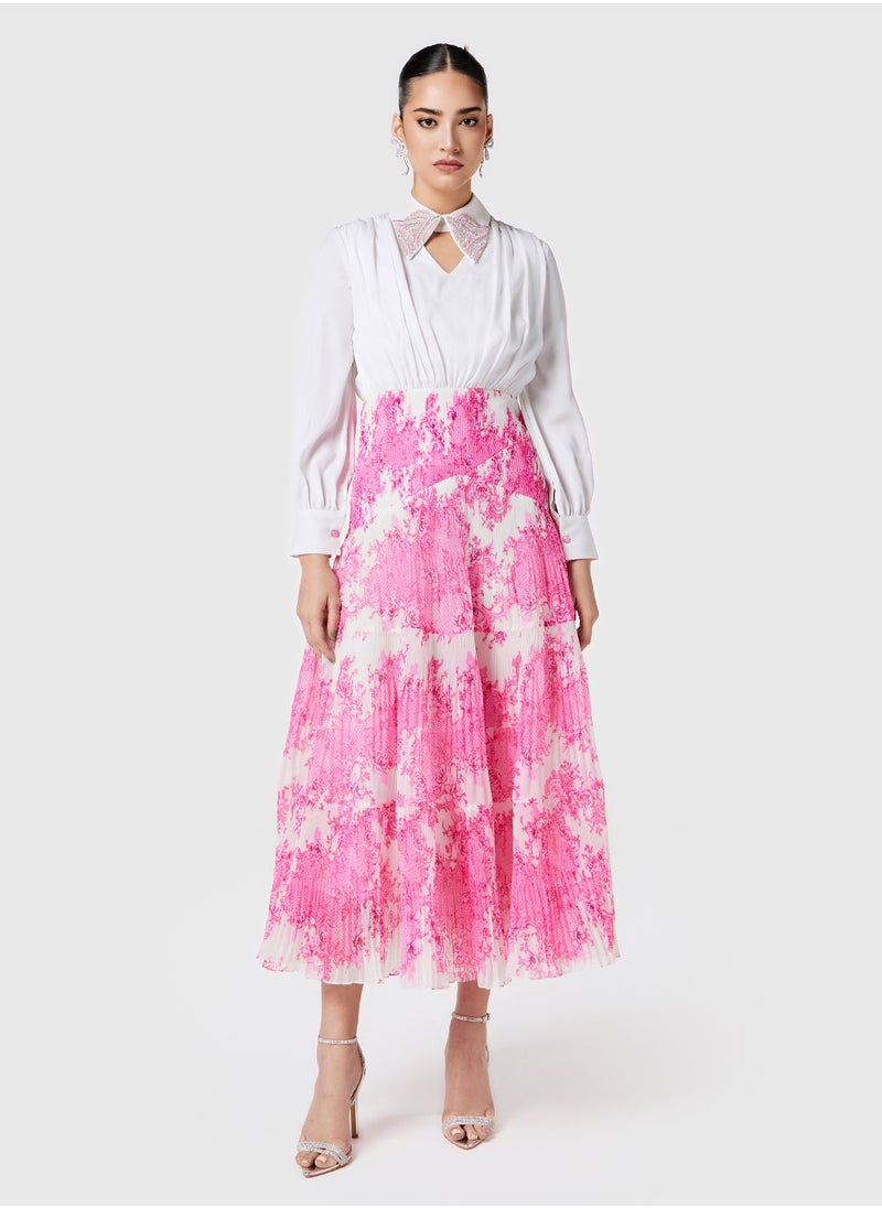 Threadz by Ajooni - Embellished Collar Printed Semi Pleated Dress - Image 1