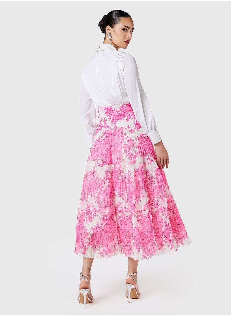 Threadz by Ajooni - Embellished Collar Printed Semi Pleated Dress - Image 1