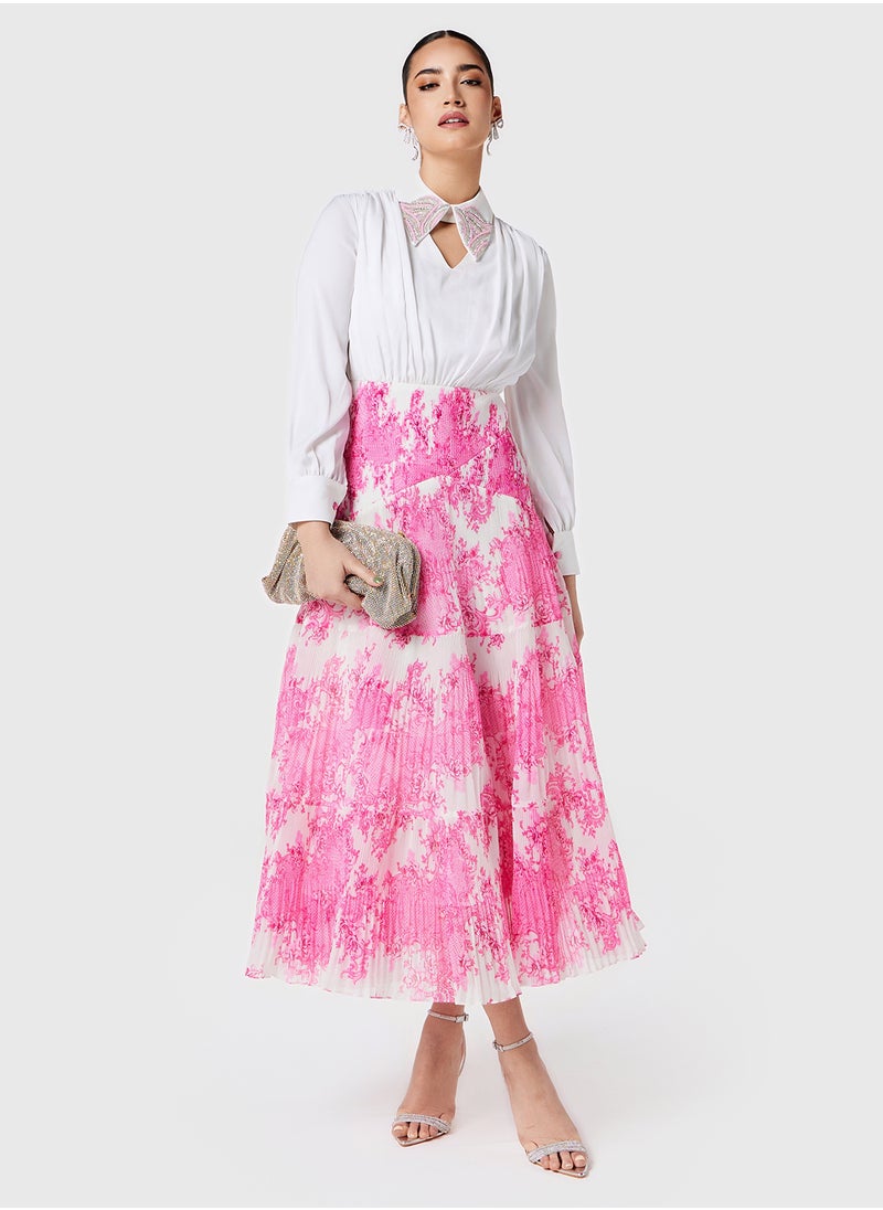 Threadz by Ajooni - Embellished Collar Printed Semi Pleated Dress - Image 1