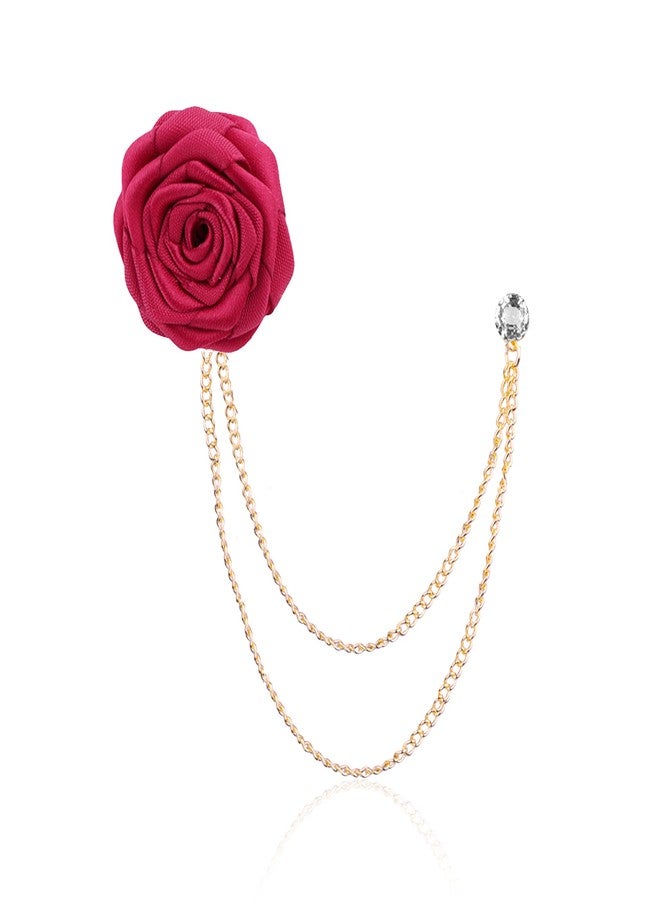 Anmpab Fashion Bridegroom Wedding Brooches Cloth Art Hand-Made Rose Flower Brooch Lapel Pin Badge Tassel Chain Men's Suit Accessories (Wine Red) - Image 1