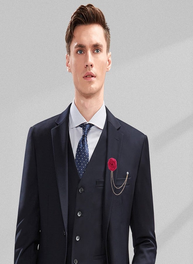 Anmpab Fashion Bridegroom Wedding Brooches Cloth Art Hand-Made Rose Flower Brooch Lapel Pin Badge Tassel Chain Men's Suit Accessories (Wine Red) - Image 3