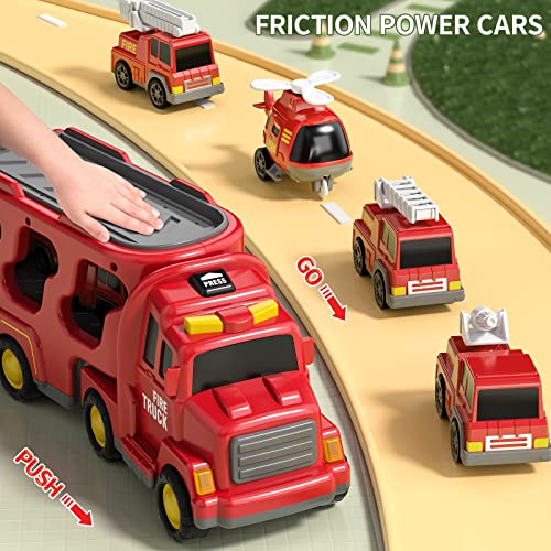 TEMI Fire Trucks Boy Toys for Toddlers 3-5 Year Old - Firetruck Toys for Kids 3 4 5 6 7, Transport Vehicle Carrier Set, Birthdays Gifts for Kids Girls Aged 4-6 - Image 5