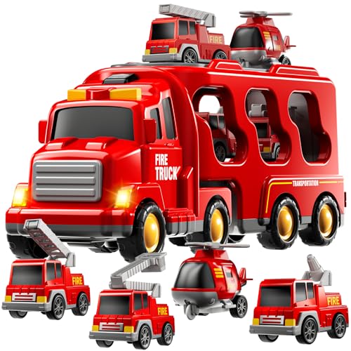 TEMI Fire Trucks Boy Toys for Toddlers 3-5 Year Old - Firetruck Toys for Kids 3 4 5 6 7, Transport Vehicle Carrier Set, Birthdays Gifts for Kids Girls Aged 4-6 - Image 1