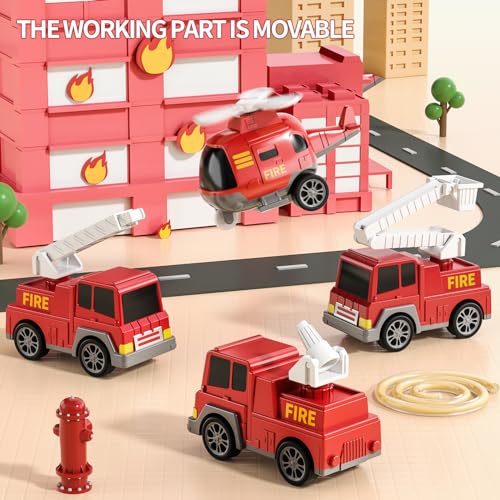 TEMI Fire Trucks Boy Toys for Toddlers 3-5 Year Old - Firetruck Toys for Kids 3 4 5 6 7, Transport Vehicle Carrier Set, Birthdays Gifts for Kids Girls Aged 4-6 - Image 4