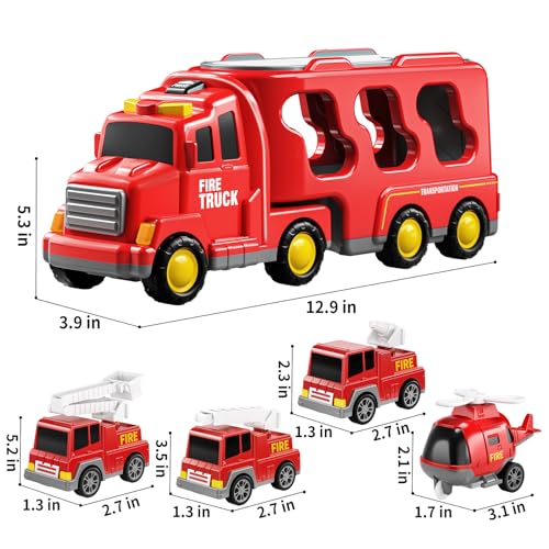 TEMI Fire Trucks Boy Toys for Toddlers 3-5 Year Old - Firetruck Toys for Kids 3 4 5 6 7, Transport Vehicle Carrier Set, Birthdays Gifts for Kids Girls Aged 4-6 - Image 2