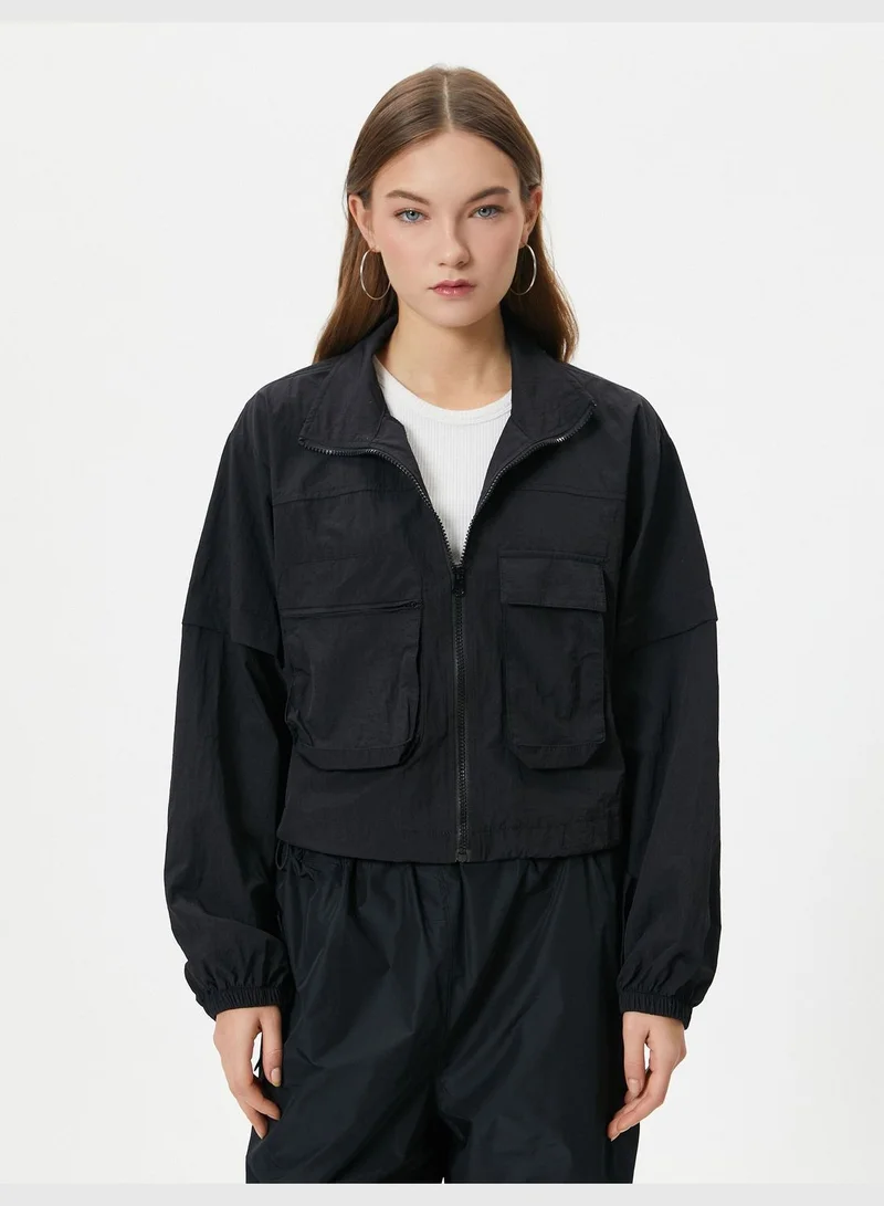 كوتون Parachute Jacket Zipper Closure Stand-Up Neck Flap Pocket Detail