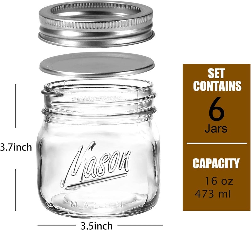 Ieavier 6PCS Wide Mouth Mason Jars 16oz with Airtight Lids and Bands, Canning Jars with Crystal Glass for Food Storage, Spice Jars, Canning, DIY Projects, Jam, Jelly, Honey, Preserving, Drinking - Image 2
