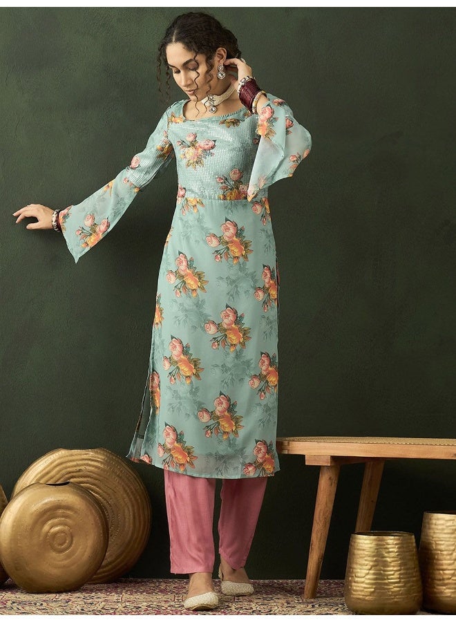 AKS Floral Printed Sequinned Georgette Kurta - Image 4