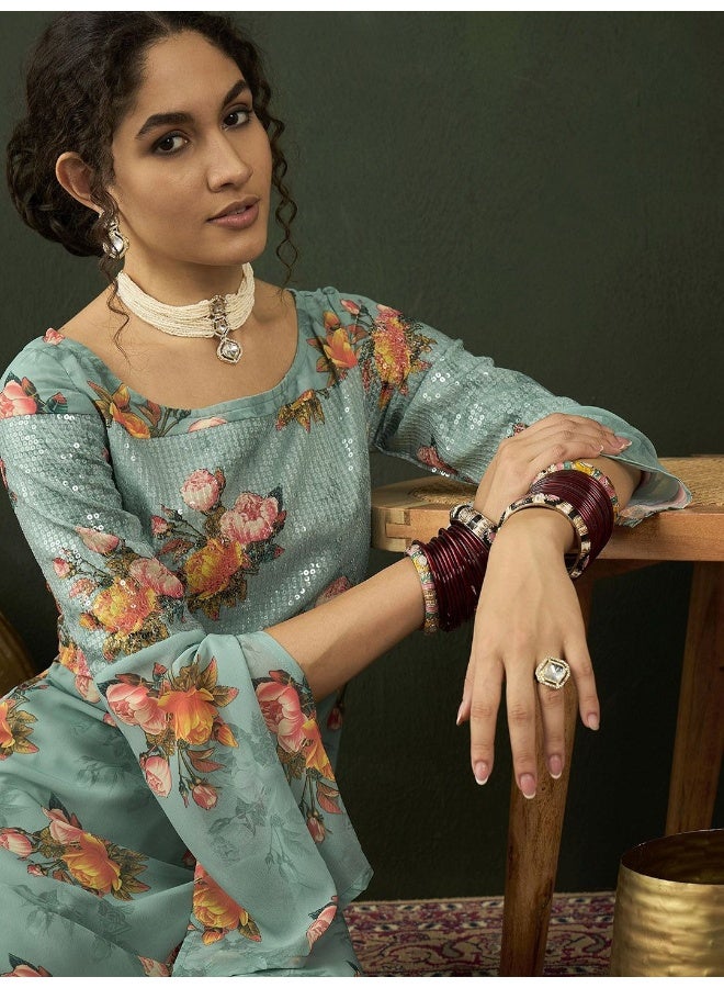 AKS Floral Printed Sequinned Georgette Kurta - Image 2