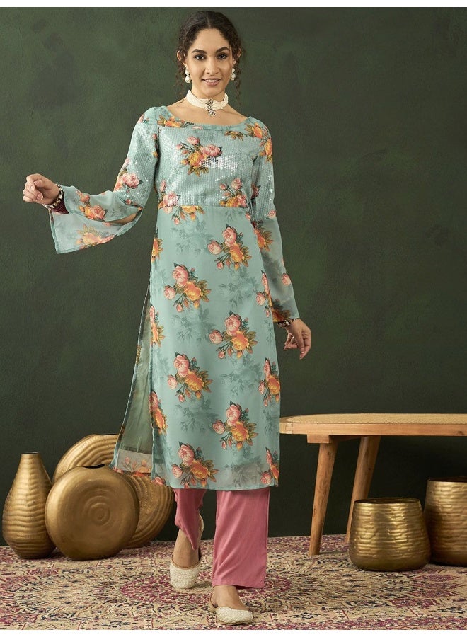 AKS Floral Printed Sequinned Georgette Kurta - Image 1
