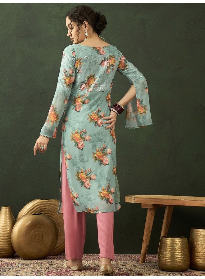 AKS Floral Printed Sequinned Georgette Kurta - Image 5