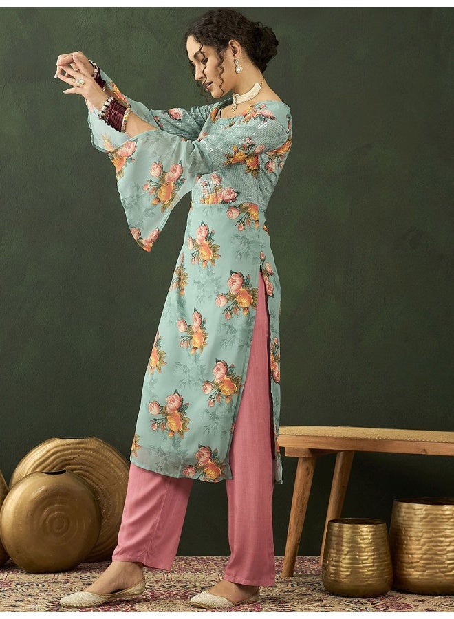 AKS Floral Printed Sequinned Georgette Kurta - Image 3