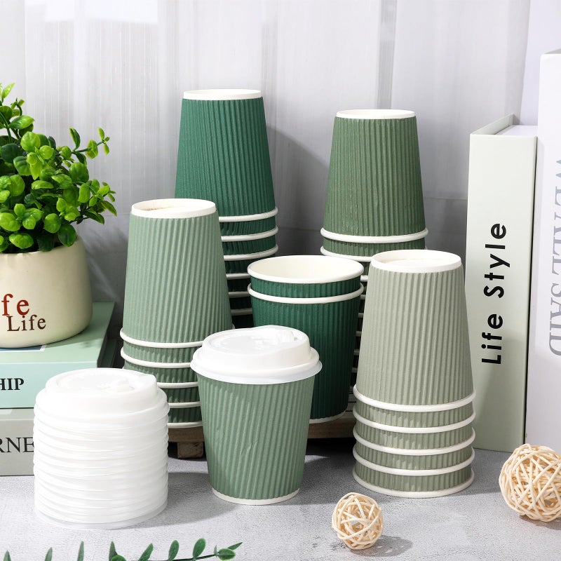 Whaline 100Pcs Sage Green Disposable Coffee Cups with Lids 8oz Gradient Green Paper Cups Corrugated Ripple Wall Insulated Hot Cups for Home Office Party Supplies - Image 3