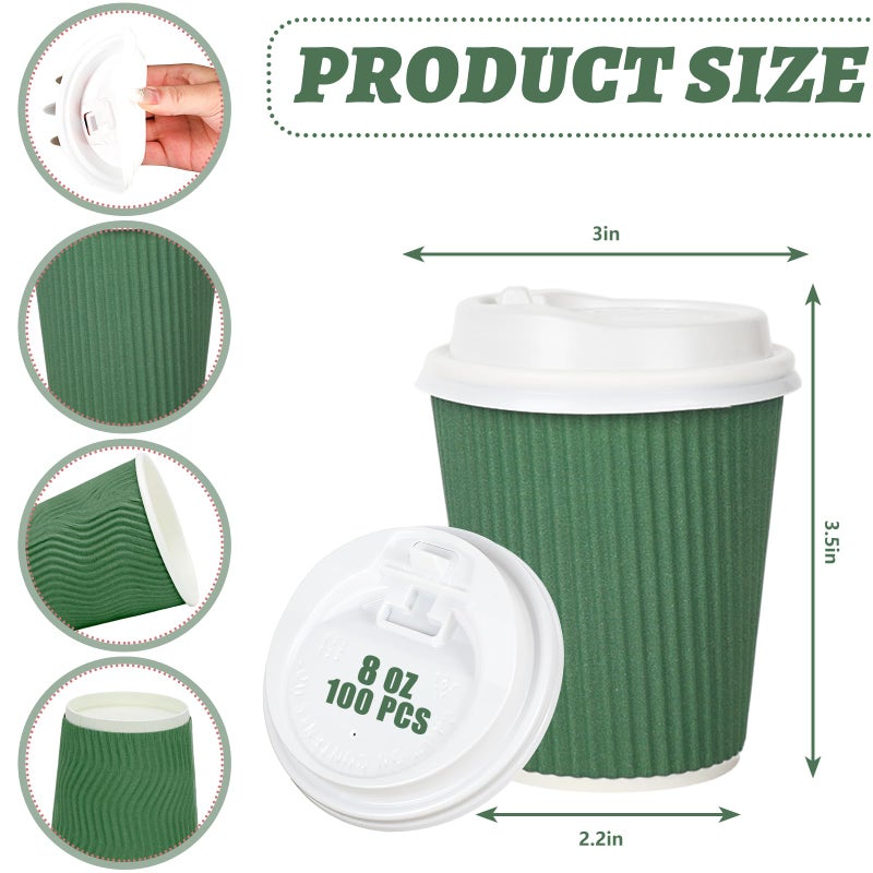 Whaline 100Pcs Sage Green Disposable Coffee Cups with Lids 8oz Gradient Green Paper Cups Corrugated Ripple Wall Insulated Hot Cups for Home Office Party Supplies - Image 2