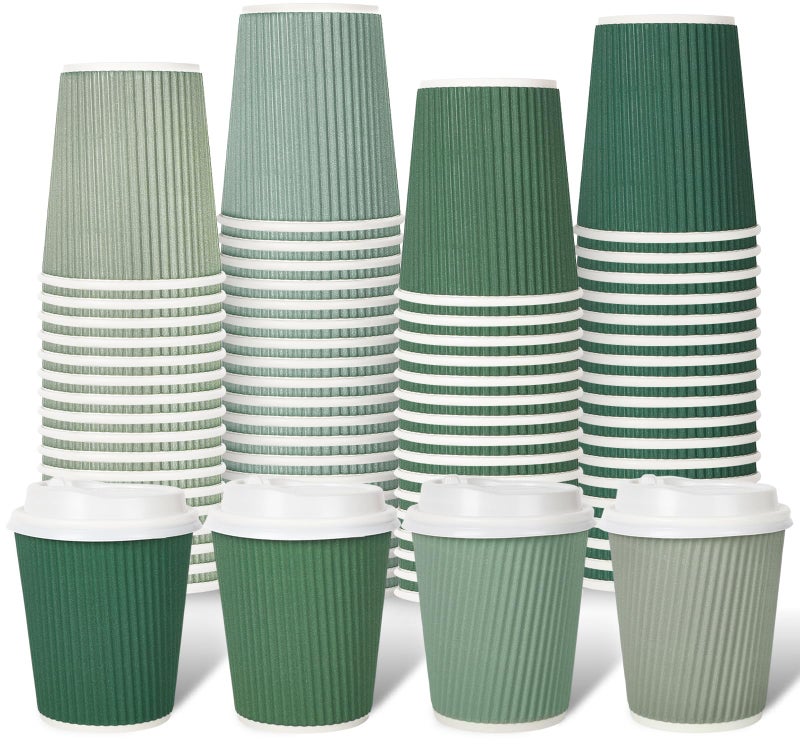 Whaline 100Pcs Sage Green Disposable Coffee Cups with Lids 8oz Gradient Green Paper Cups Corrugated Ripple Wall Insulated Hot Cups for Home Office Party Supplies - Image 1