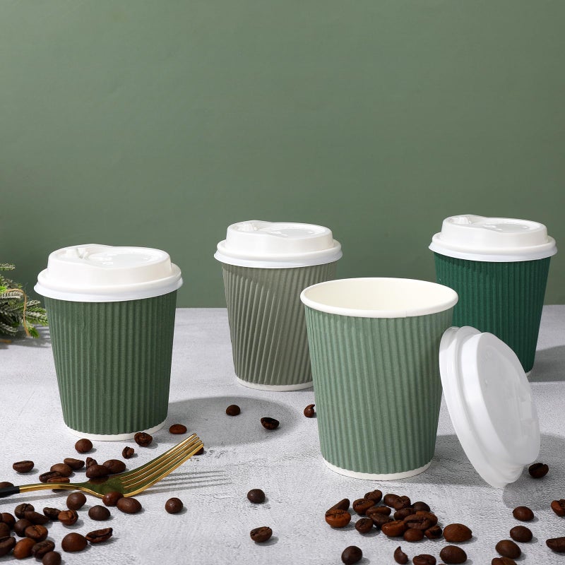 Whaline 100Pcs Sage Green Disposable Coffee Cups with Lids 8oz Gradient Green Paper Cups Corrugated Ripple Wall Insulated Hot Cups for Home Office Party Supplies - Image 4