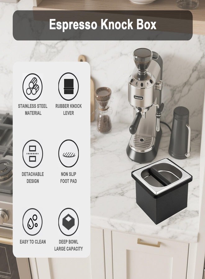 YURICK Espresso Knock Box, Coffee Knock Box for Espresso Grounds Disposal, Large Capacity, Equipped with Noise Reduction Rubber Ring & Steel Holder, Ideal Tool for Espresso Machines, Black (Small) - Image 2