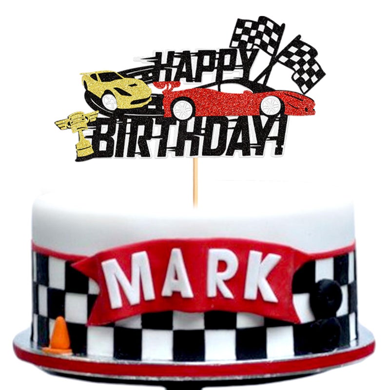 Blumomon Blumomon 1Pcs Race Car Cake Topper Glitter Wheel Trophy Flag Helmet Racing Car Cake Picks for Racing Sports Theme Baby Shower Boys Birthday Party Cake Supplies - Image 1