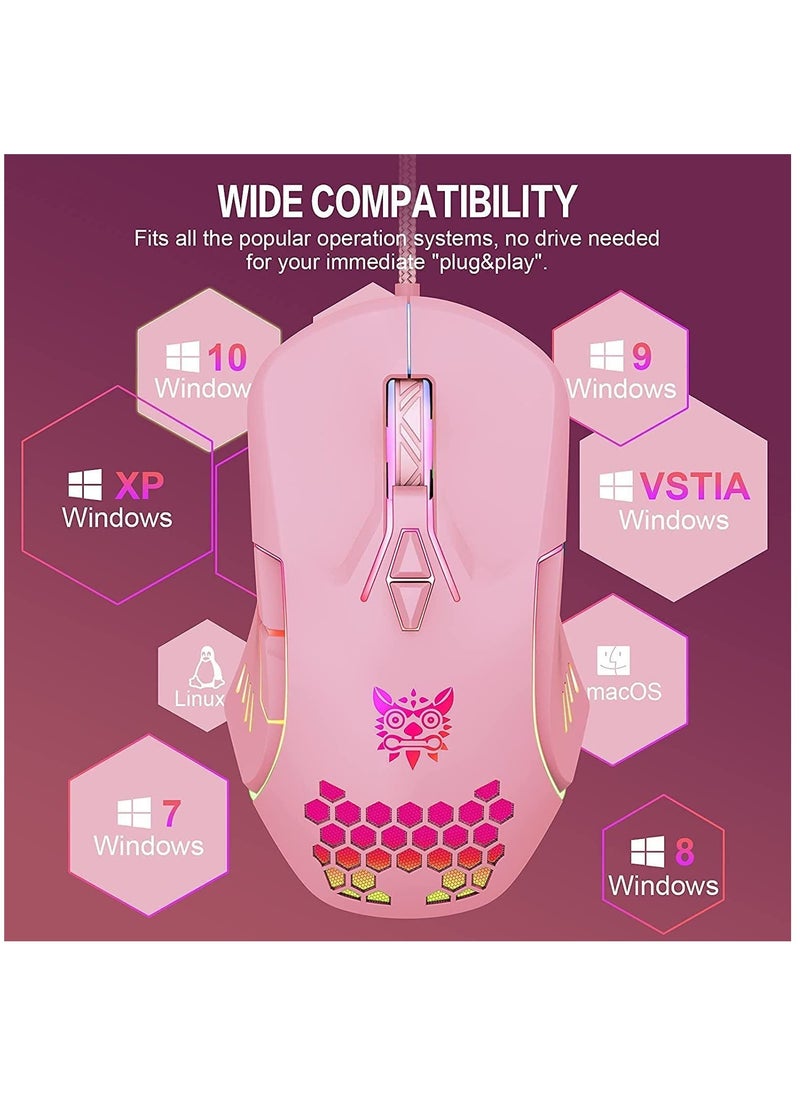 Gaming Mouse Wired, RGB Backlit 6400 DPI Adjustable gaming mouse, Grip Ergonomic Optical PC Computer Colorful Light Gaming Mice for Windows 7/8/10/XP Vista Linux (Pink)