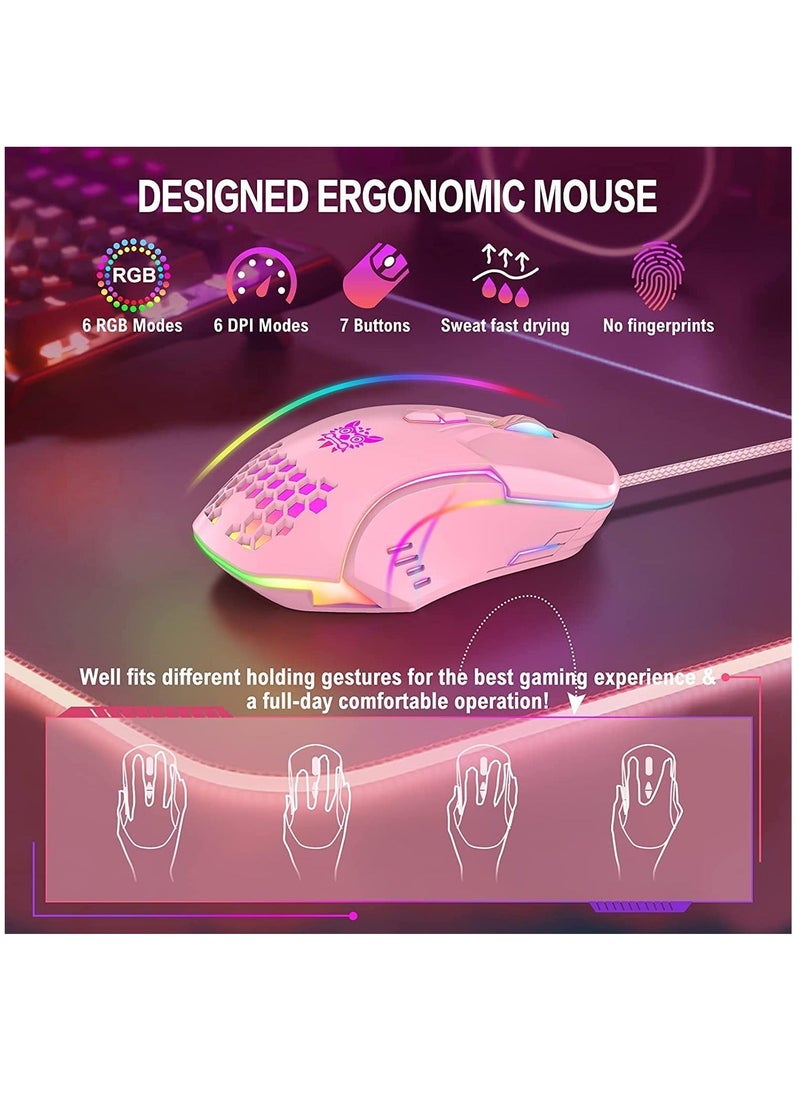 Gaming Mouse Wired, RGB Backlit 6400 DPI Adjustable gaming mouse, Grip Ergonomic Optical PC Computer Colorful Light Gaming Mice for Windows 7/8/10/XP Vista Linux (Pink)