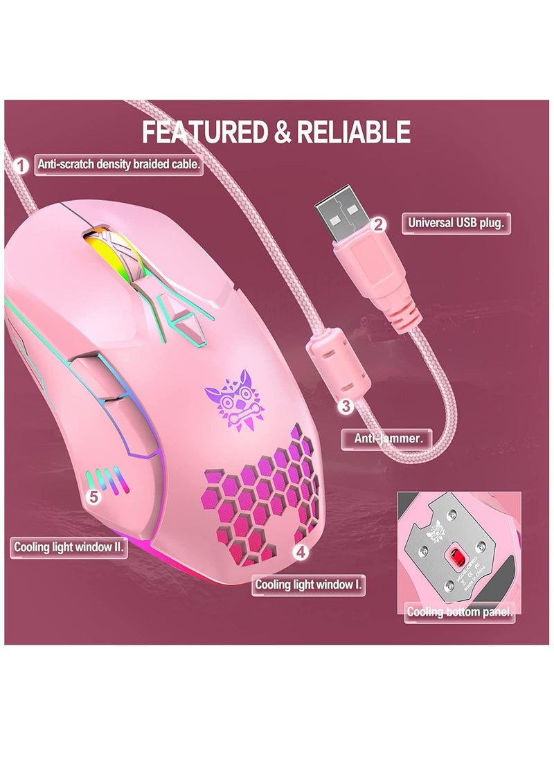 Gaming Mouse Wired, RGB Backlit 6400 DPI Adjustable gaming mouse, Grip Ergonomic Optical PC Computer Colorful Light Gaming Mice for Windows 7/8/10/XP Vista Linux (Pink)