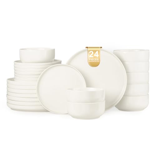 EWFEN Plates and Bowls Sets, 24 Pieces Ceramic Dinnerware Set for 8, Stoneware Dishware Dishes Set, Scratch Resistant Dishes Set, Dishwasher & Microwave Safe, White - Image 1