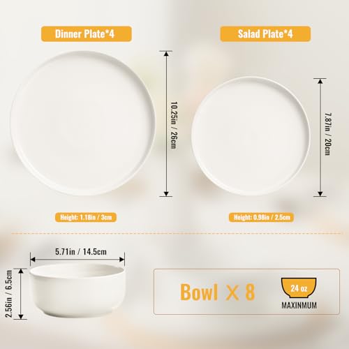 EWFEN Plates and Bowls Sets, 24 Pieces Ceramic Dinnerware Set for 8, Stoneware Dishware Dishes Set, Scratch Resistant Dishes Set, Dishwasher & Microwave Safe, White - Image 4