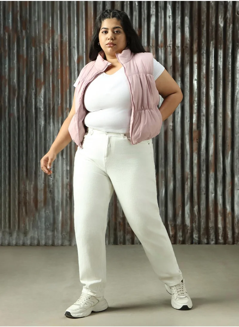 هاي ستار Women's Off White 100% Cotton Distressed Plus Size Jeans