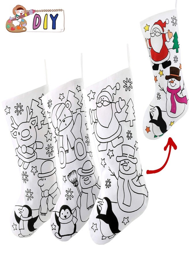 WEWILL 18’’ DIY Christmas Stockings Color Your Own Personalized Xmas Stockings Creative Gift Bag for Kids Family Friends Home Holiday Decoration Santa Claus Snowman Reindeer Penguin, 3pcs - Image 1