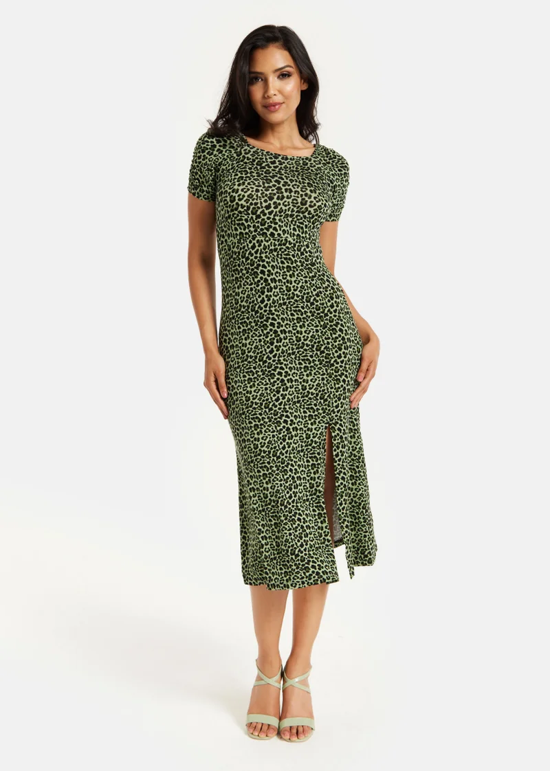 Liquorish Fitted Midi Dress in Khaki Animal Print