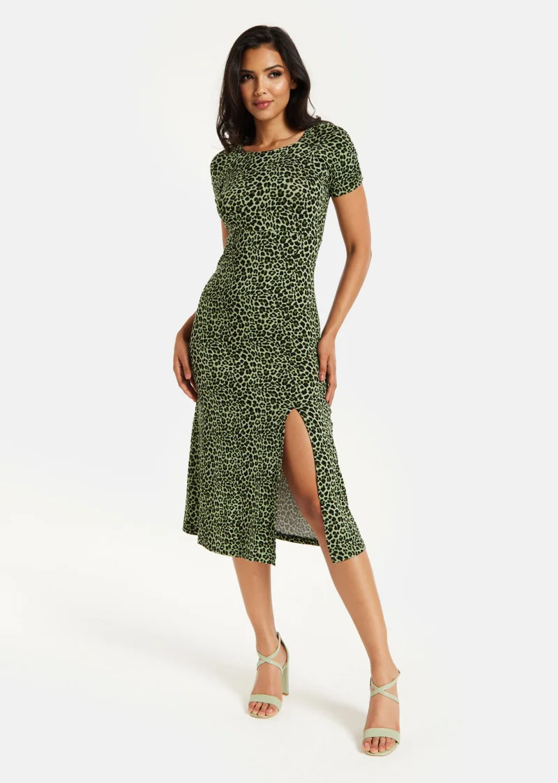 Liquorish Fitted Midi Dress in Khaki Animal Print