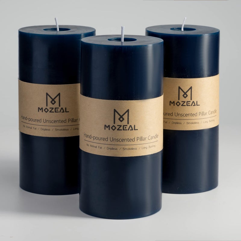 MOZEAL 3 x 6 HandPoured Unscented CandleDripless Pillar Candle Set of 3Long Lasting BurningApprox 120 Hours Burn TimeRustic Country Stylefor WeddingDinnerChristmas and Home DecorNavy Blue